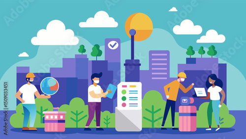 A citywide game where players must collect data on air quality levels and report their findings to improve the environment and compete for prizes.. Vector illustration