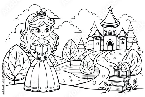 Cartoon illustration of a fairy tale castle with a princess for a coloring book