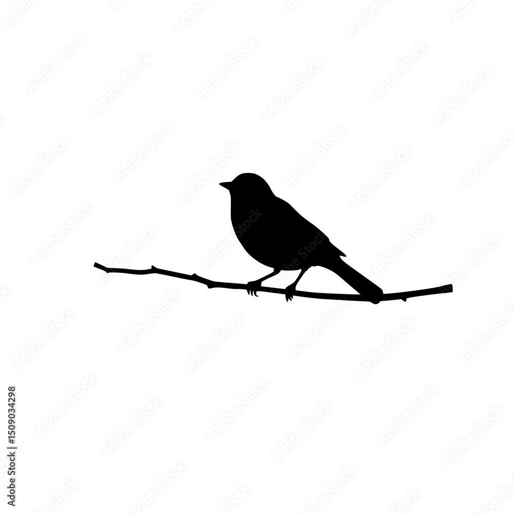 Fototapeta premium Silhouette Bird on Branch: A simple black and white vector illustration of a bird perched on a twig, showcasing its elegant silhouette against a white background.