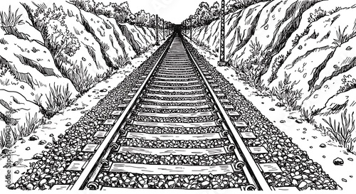 Sketch of Railway Tracks Through Rocky Landscape Illustration