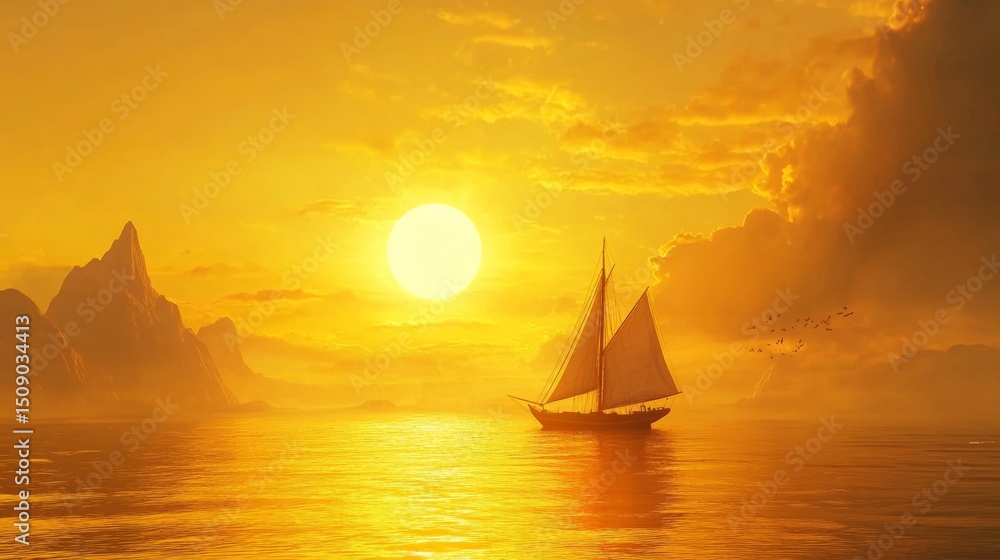Fototapeta premium A lone sailboat drifting across golden waters as the sun sets in the background