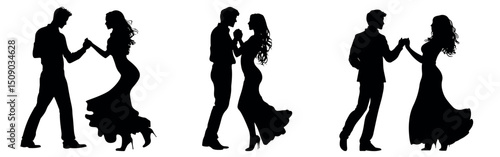 Young couple dancing holding hands. People man and woman dancing. Vector silhouette set