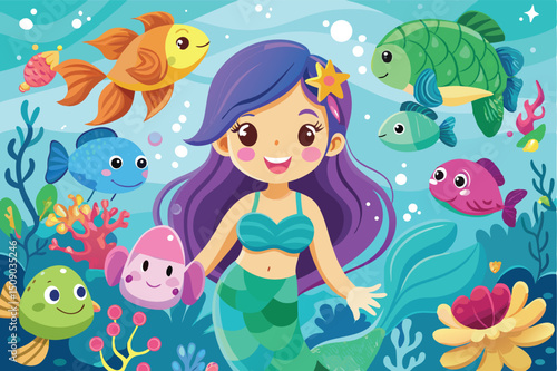 Cute seamless pattern of tropical marine baby animals swimming in the ocean water