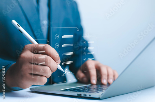Electronic signature Businessman signs electronic document on digital document on page Electronic signature concept Writing business agreement Digital document management Paperless office	
