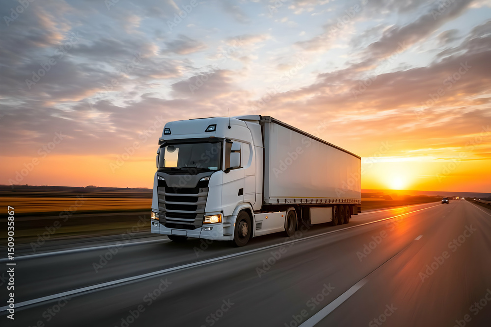 A powerful white truck driving on an open highway at sunset, showcasing the beauty of transport and the freedom of the open road. A powerful white truck driving on an open highway at sunset, showcasing the beauty of transport and the freedom of the open road.
