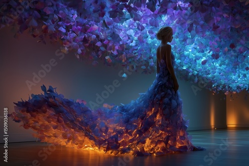 Enchanting Aura: A woman dressed in an avant-garde gown stands in a surreal and ethereal scene, surrounded by an explosion of vibrant, petal-like formations, bathed in a spectrum of colorful light.