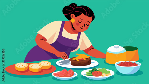 A mother effortlessly assembles plates of vigor n each overflowing with generous portions of tender pork flavorful yuca and zesty pickled slaw.. Vector illustration