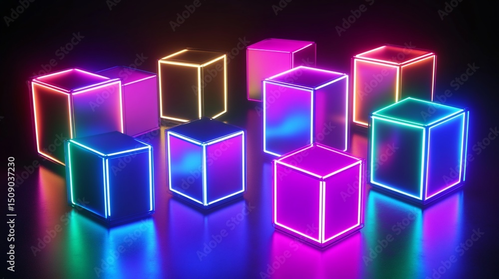 Neon Cubes Abstract Art: Vibrant Colors and Reflections Neon Cubes Abstract Art: Vibrant Colors and Reflections