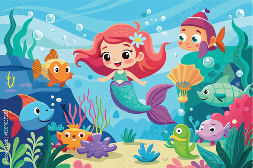 Cartoon marine life vector illustration: a seamless pattern of fish, octopus, dolphin, crab, turtle, starfish, and whale in a tropical underwater world