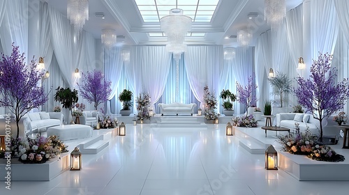 Elegant birthday stage with purple flowers and draped chiffon high resolution image