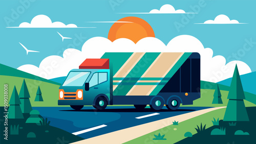A futuristic shipment truck travels along the highway powered by renewable energy sources and delivering goods in a more environmentally sustainable way.. Vector illustration