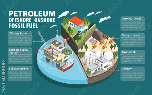 Integrated Energy: Offshore Onshore Operations and Refining Systems in Isometric graphic