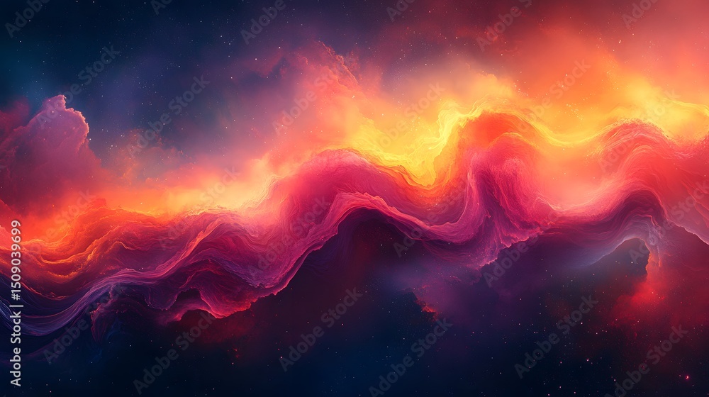 Naklejka premium An abstract celestial artwork showcases dynamic interplay of vivid orange, red and violet hues, evoking feelings of ethereal energy against a backdrop of distant stars, a cosmic canvas.
