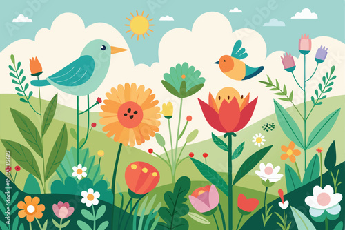 Seamless floral pattern with spring flowers, birds, and butterflies