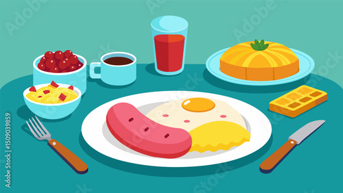 A breakfast fit for a king with mashed plantains served with a side of pickled red onion crispy fried cheese and ground Dominican sausage.. Vector illustration