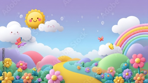 Whimsical cartoon landscape with rainbow smiling sun and colorful flowers for creative design projects
