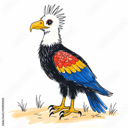 Colorful Egyptian vulture standing on sand in a naive style for International Museum Day  