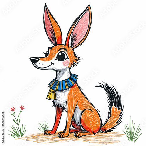 Colorful illustration of a cartoon fox wearing an Egyptian collar for Naive childlike Posters with Animals of Ancient Egypt, International Museum Day  