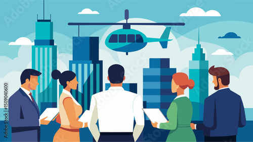 A group of colleagues discussing their upcoming business strategy while admiring the city skyline from the air taxi.. Vector illustration