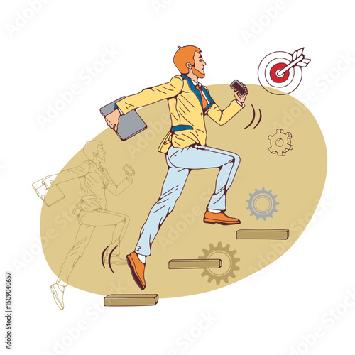 Career ladder. Young man running up the career stairs