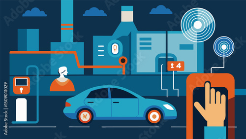 A car manufacturing plant using hand geometry scans to control access to sensitive production areas.. Vector illustration