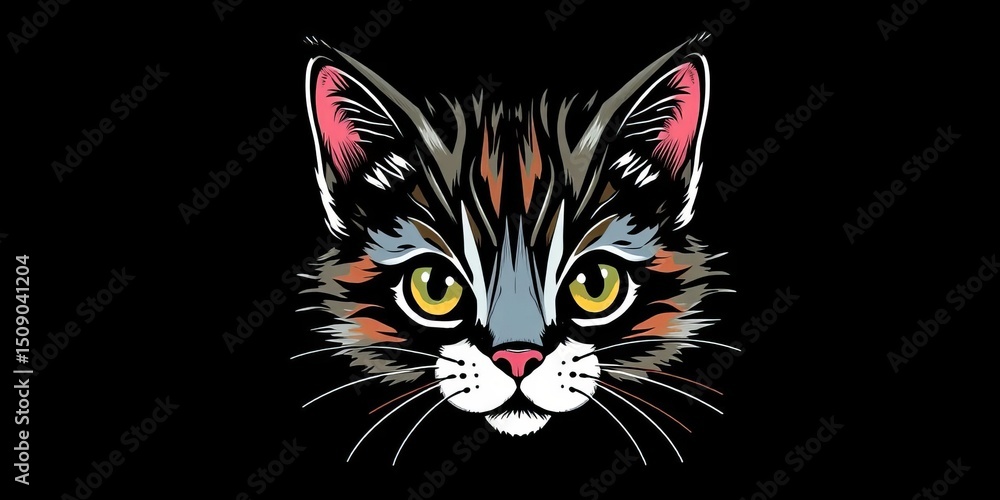 Obraz premium Hand-drawn graphic kitten head, black background, t-shirt design, art, eyes