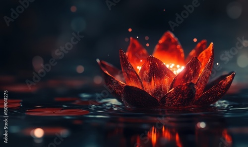 Glowing red lotus flower on dark water, mystical background, spiritual serenity, meditation imagery