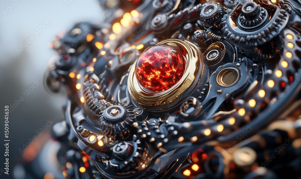 Fototapeta premium Glowing robotic core, intricate gears, close-up, tech background, sci-fi concept art