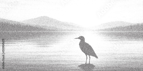 Monochrome stipple scene of a bird at calm lake, with misty mountains and water reflection. Elegant halftone nature design