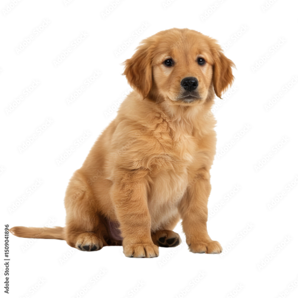 A cute golden retriever puppy with beautiful golden fur sits, gazing directly at the viewer with curiosity. A cute golden retriever puppy with beautiful golden fur sits, gazing directly at the viewer with curiosity.