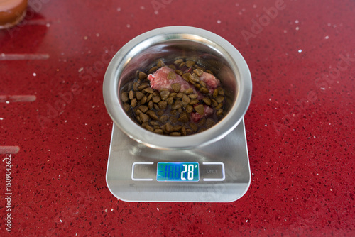 Dog food portion on digital kitchen scale