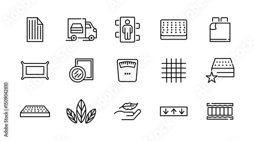 Bed linen linear icon set. Textile, comfort, sleep, bedroom, bedclothes, cotton, pillows, duvet cover,  cleaning, bedding sheet, sheet, soft, home, duvet, outline icon collection. UI thin vector icon