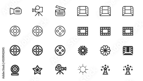 Movie film cinema vector icons set, film reel, camera, star, clapperboard, and other related icons set