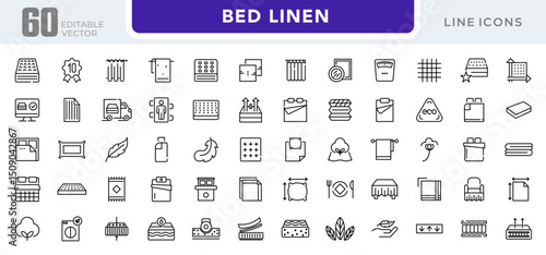 Bed linen linear icon set. Textile, comfort, sleep, bedroom, bedclothes, cotton, pillows, duvet cover,  cleaning, bedding sheet, sheet, soft, home, duvet, outline icon collection. UI thin vector icon