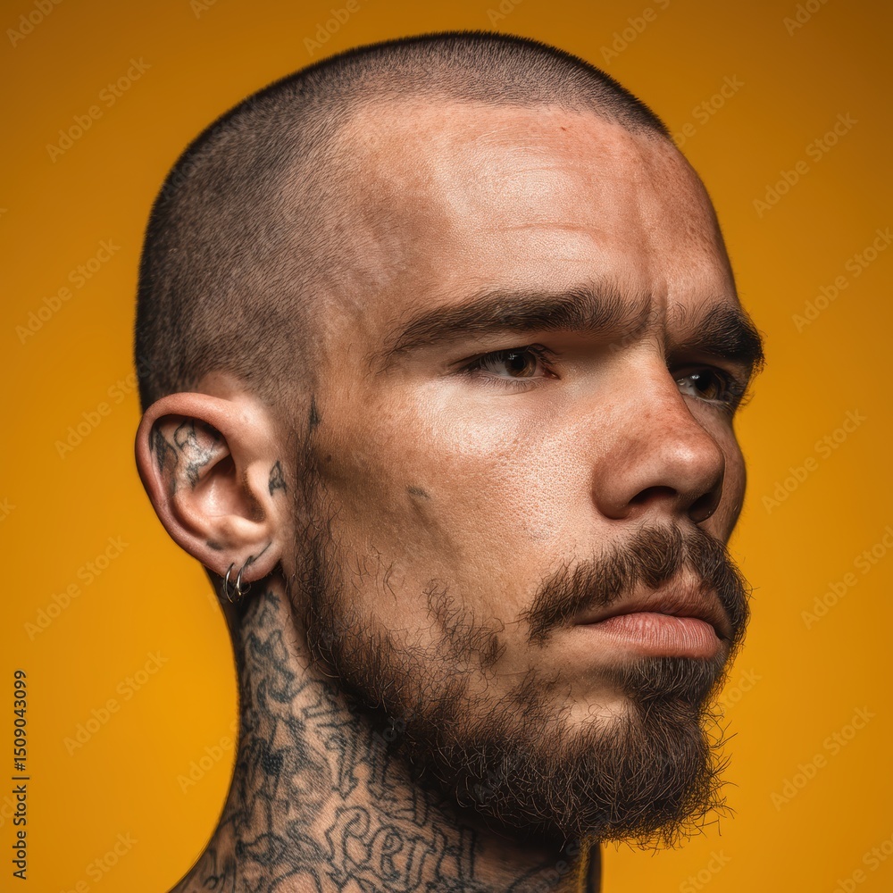Obraz premium hipster man with tattoos on a bright colorful background, perfect lighting, close-up portrait, realistic and cinematic style