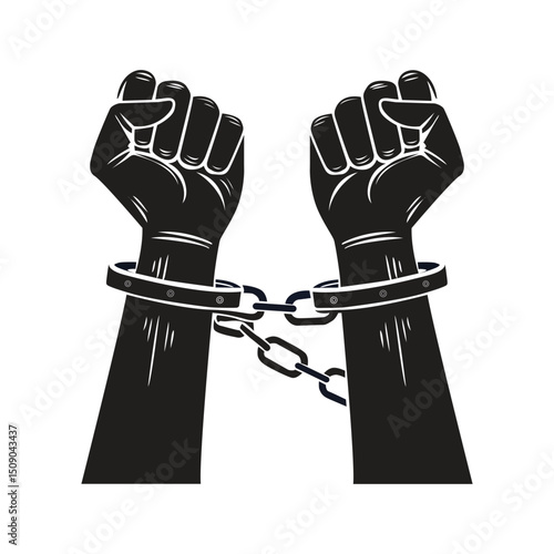 A pair of hands chained to a chain and a text words freedom, a pair of hands silhouette