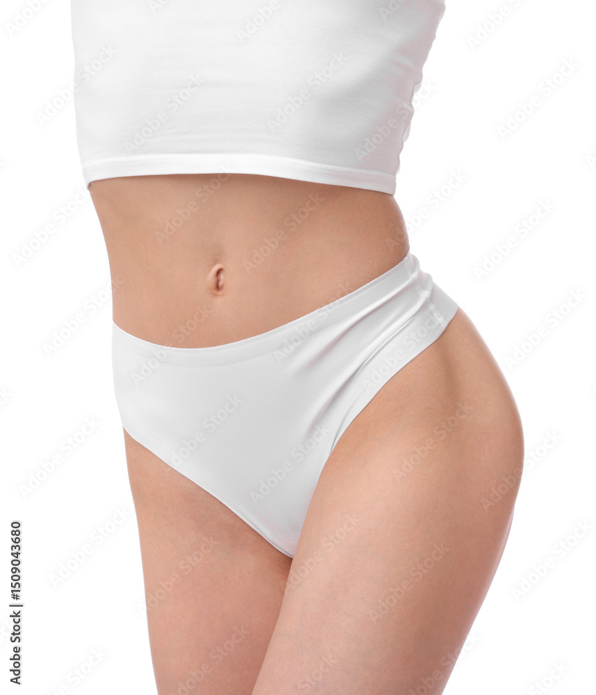 Fototapeta premium Woman with perfect slim body on white background, closeup