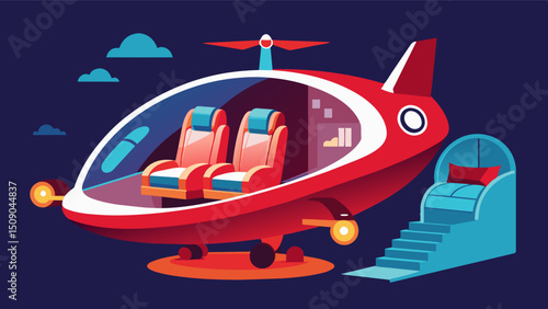 A futuristic air taxi with a spacious interior featuring a minitheater and massage chairs for a relaxing and indulgent journey.. Vector illustration