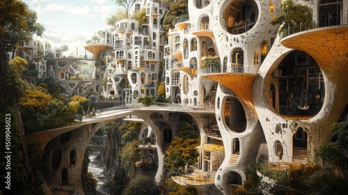 A surreal, organically-shaped city nestled within a verdant landscape.