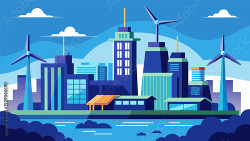 A futuristic cityscape is depicted where wind turbines line the rooftops of buildings generating energy to power the many eVTOLs taking off and landing on designated pads.. Vector illustration