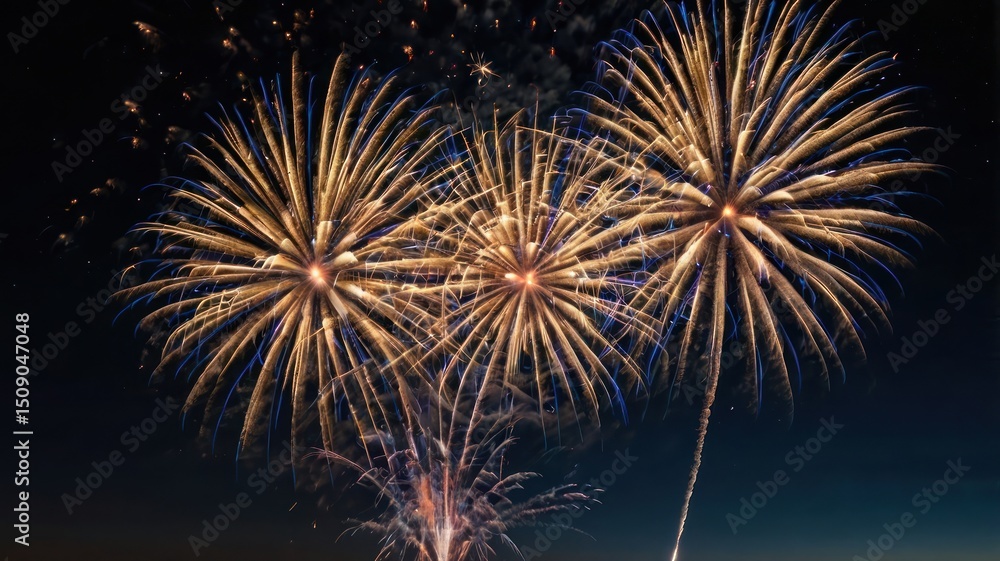 Golden fireworks explode against the night sky, forming starburst shapes with trails of light. Golden fireworks explode against the night sky, forming starburst shapes with trails of light.
