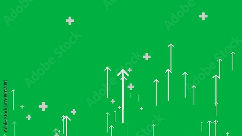 animated white arrow and plus sign moving upward, business growth and productivity concept. animation footage video isolated on green background with alpha channel(transparent).