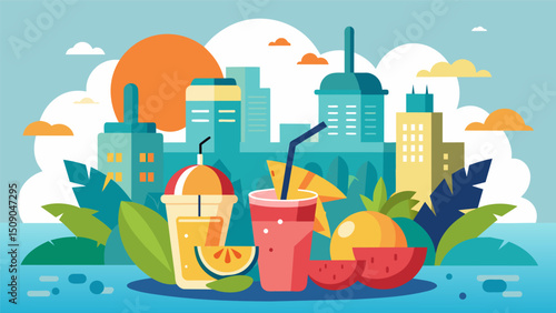 A refreshing oasis amidst the hustle and bustle of the city serving tropical fruit smoothies.. Vector illustration