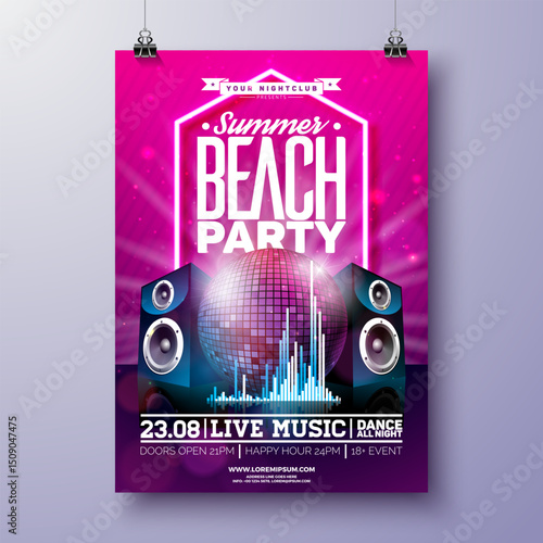 Summer Beach Party Flyer Design Template with Disco Ball, Speakers and Glowing Neon Light on Pink Background. Vector Summer Music Celebration Holiday Illustration for Banner, Flyer, Invitation or