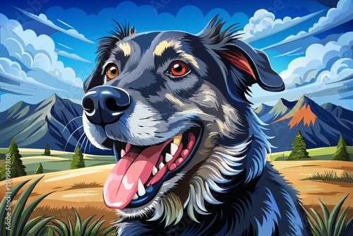 View of Happy Dog Panting Outdoors During Walk in Sunny Natural field Setting background