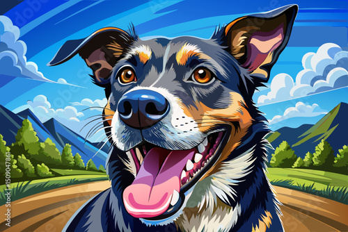 View of Happy Dog Panting Outdoors During Walk in Sunny Natural field Setting background