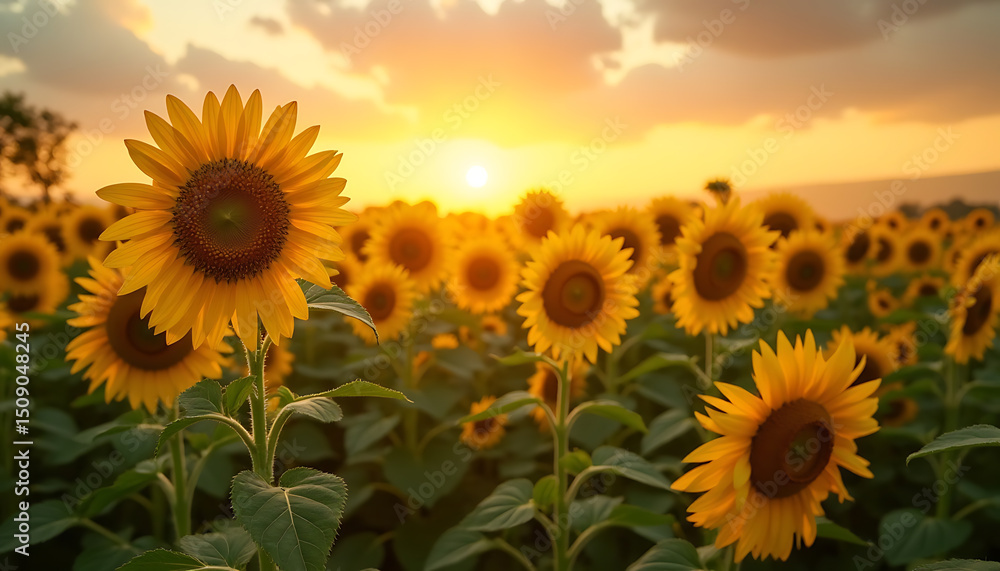 Obraz premium Sunflower Field at Sunset: Golden Hour Bloom
