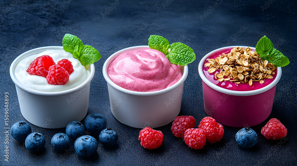 Three Cups of Yogurt With Berries and Granola Three Cups of Yogurt With Berries and Granola