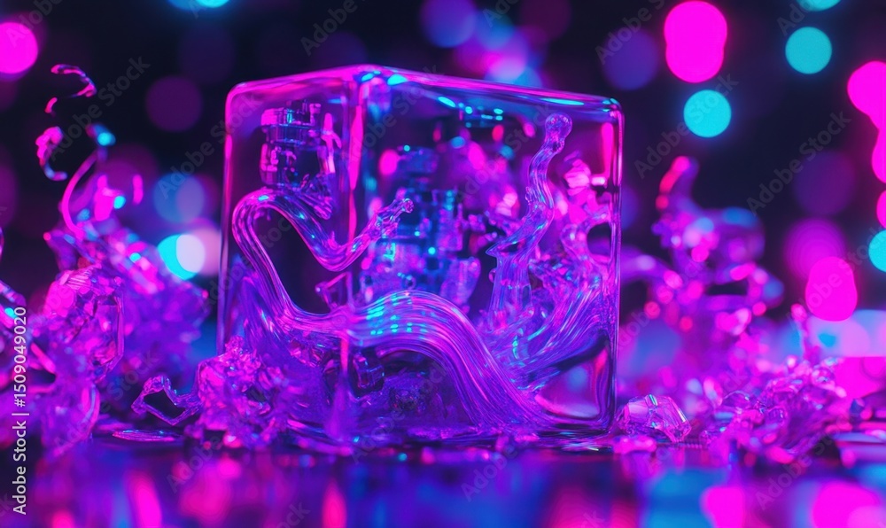 Neon liquid splashing glass cube, vibrant background, digital art, website banner Neon liquid splashing glass cube, vibrant background, digital art, website banner