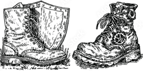Detailed Illustration of Vintage Combat Boots with Shield Design